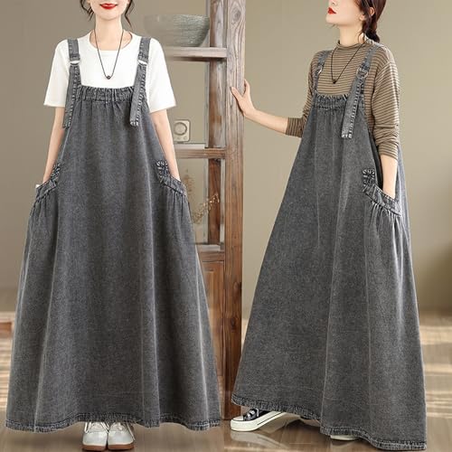 Image of Women's Casual Loose Denim Dress Sleeveless Adjustable Straps Denim Jumper Dress with Pockets