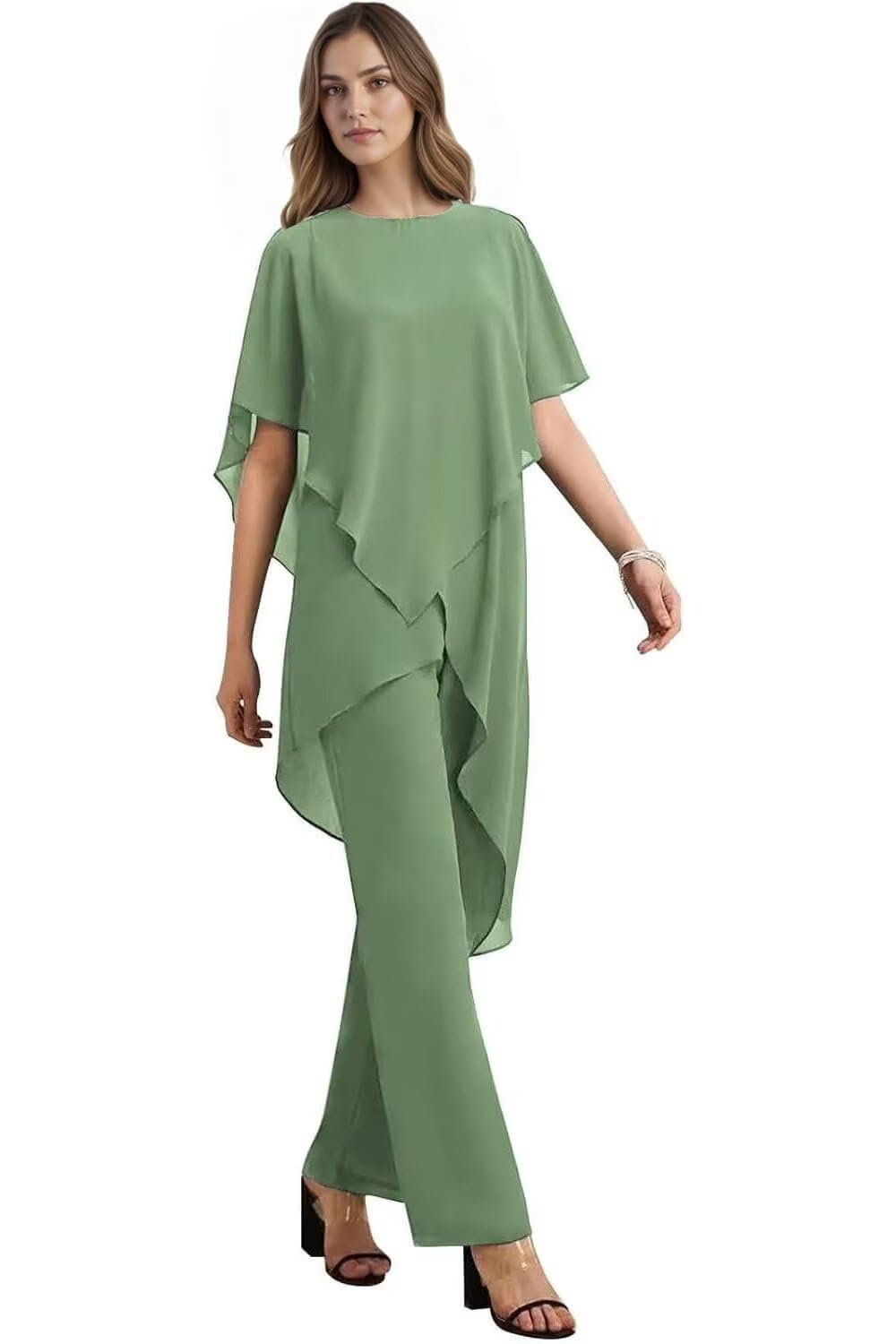 2 Pieces Mother of The Bride Pant Suits with Short Sleeve Chiffon Women Pantsuit Formal Wedding Guest Evening