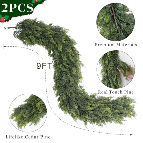 Real Touch Cedar Garland - Artificial Christmas Garlands Faux Green Cedar Fake Pine Needles Garland for Fireplace,Table, Stairs, Mantle, Window,Indoor Outdoor,Home,Holiday Decor(2 PCS,9 FT) by FOTEEWL - Image 5