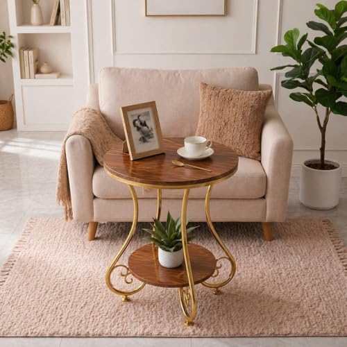 Image of CARTADEN 2 Tier End Table in Living Room, Industrial Style Round Bedside Table with Storage, Small Outdoor Coffee Table for Bedroom Balcony Patio Gold Brown