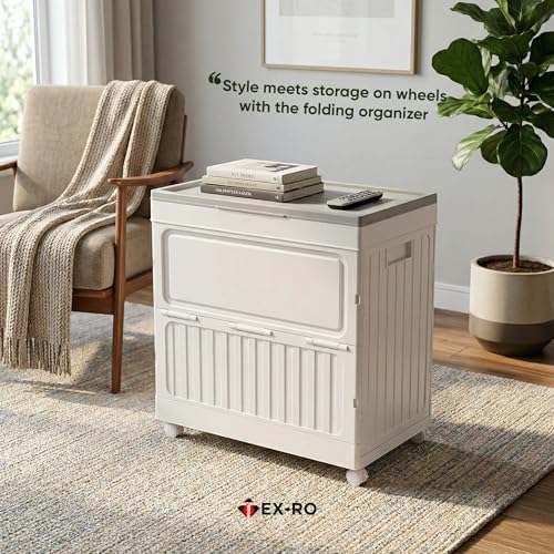Image of TEX-RO 150 Ltr Large Plastic Storage Box and Organiser with Wheels | Foldable Trunk Box for Storage, Clothes, Blankets | Waterproof Outdoor Balcony Storage Cabinet with Lid (White & Grey)
