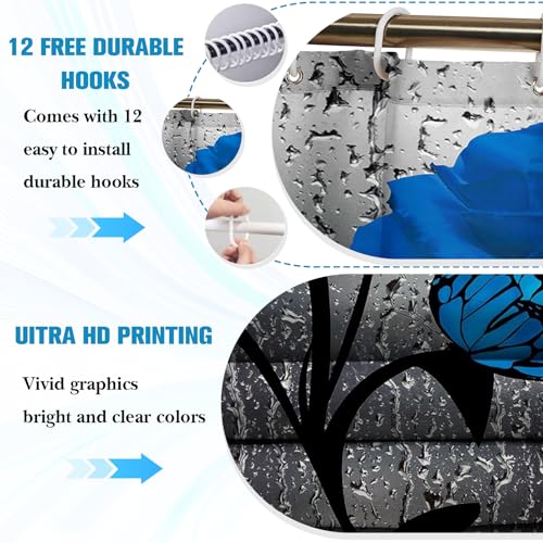 BXFUL 4 Piece Waterproof Shower Curtain Set for Bathroom-Rose-Non-Slip Bath Mat and 12 Hooks,Curtain Set with Rug,Toilet Lid Cover Bathroom Decoration (Blue) - Image 4