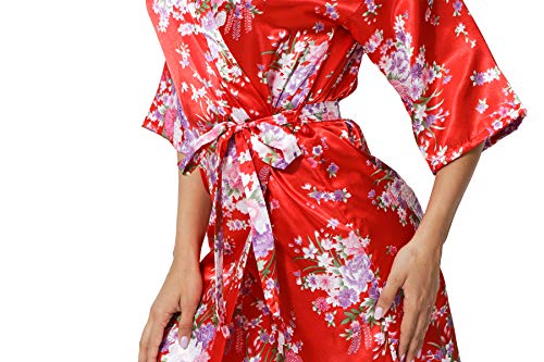 DITSONEO Womens Floral Robes Silk Satin Wrap Kimono Bathrobes Bridesmaid Wedding Party Lightweight Nightgown Red - Thumbnail 5