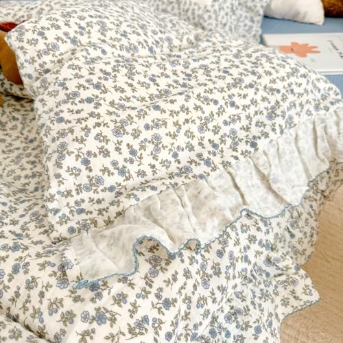 Image of BuLuTu Blue Floral Toddler Kids Duvet Cover for Girls Boys 100% Cotton Muslin Quilt Cover for Toddler Bed Vintage Flower Design Duvet Cover with Ruffles, 47 inchx59 inch, Pillow Case Not Included