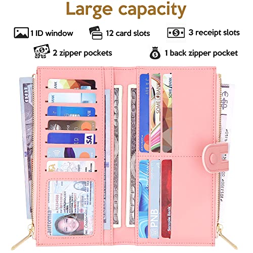 Slim Wallets for Women PU Leather Card Holder Wallet Large Capacity Bifold Clutch Wallet with Double Zipper Pocket2