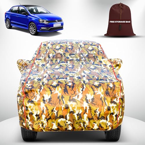 Image of Walser Waterproof Car Cover for Volkswagen Ameo | All-Weather Full Car Body Protection | with Mirror & Antenna Pocket | Dustproof, Windproof & Anti-Scratch Lining, Camouflage