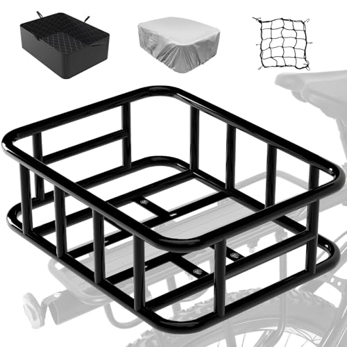 Bike Basket Rear Rack Bike Basket with Cargo Net and Liner Large Bicycle Basket Heavy Duty Bicycle Rear Basket with Liner Waterproof Cover Cargo Net
