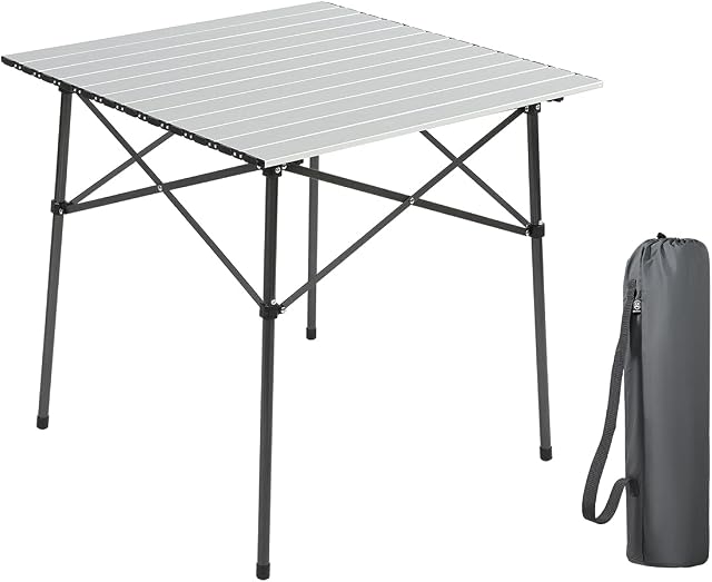 Stół kempingowy składany aluminiowy Kwadratowy stół Roll Up Top 4 osoby kompaktowy stół ogrodowy z torbą do noszenia na piknik, obóz Backyard BBQ, srebrny