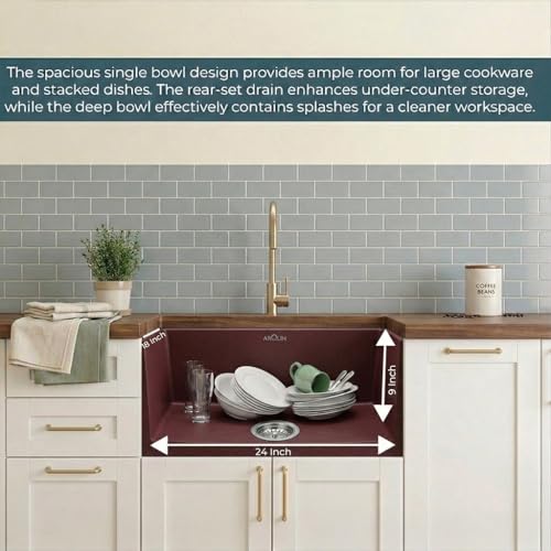 Image of ARQUIN Quartz Sink 24x18x9 Inch Brown | Single Bowl Sink | Durable & Scratch-Resistant | Undermount /Topmount Including Coupling, Waste Pipe & Fruit Washing Basket