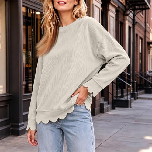 HswsEJ Womens Crewneck Sweatshirt Fall Corduroy Scalloped Bottom Sweatshirt - image 6