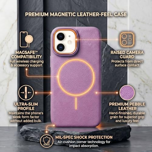 Image of amazon basics Luxury MagSafe Compatible Leather Texture Back Cover for iPhone 12 | Raised Camera Protection | Slim Fit Shockproof Case with Metallic Accents (Purple)