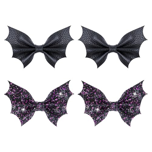 Image of ONENINEDREAM Black Bat Hair Bow Clips, 2 Pcs PU Leather & Glitter Halloween Hair Clips with Alligator Clips, Baby Girl Toddler Halloween Bat Hair Clip, Infant Cosplay Costume Hair Accessories