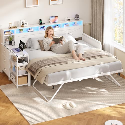 Image of MSmask Daybed with Pop Up Trundle, Twin Day Bed with 3 Storage Drawers and Shelves, Farmhouse Wooden Twin to King Daybed Frame with Charging Station and LED Lights for Bedroom, White