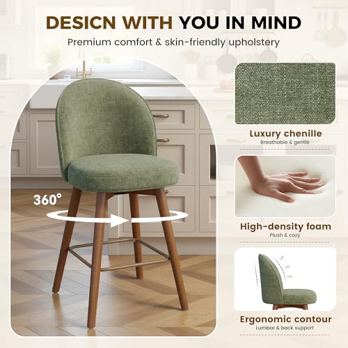 Image of Modern Swivel Bar Stools Set of 4, Chic Upholstered Counter Height(26IN) Bar Chair with Back, Solid Wood Legs and Footrest, Comfortable Chenille Bar Stool for Kitchen Island, Soft Green
