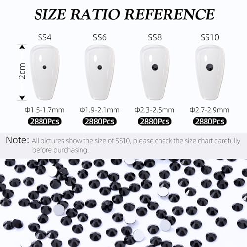 Image of Black Flatback Rhinestones, Glass Rhinestones for Nail Art and Craft, Glue Fix, Loose Crystal Gemstones(Black, SS8, 2880pcs, 2.3-2.5mm)