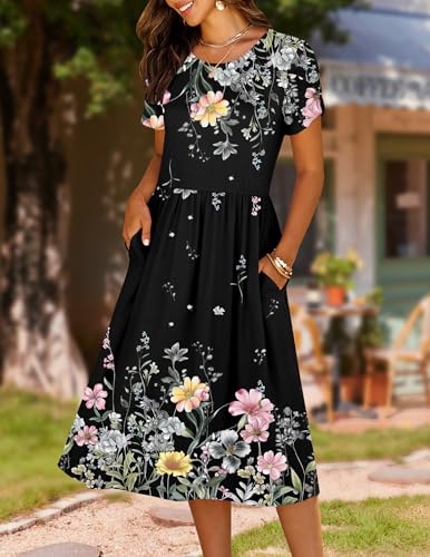 Image of HOTOUCH Women's Summer A-Line Midi Dresses 2026 Casual Floral Short Sleeve T-Shirt Dress Flowy Beach Sundress with Pockets