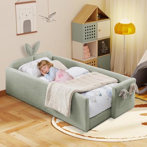 Image of Twin Size Bed Frame for Kids, Upholstered Daybed Frame Floor Bed with Safety Rails and Storage Pocket Cute Rabbit Ear Shaped Headboard for Kids Teens Boys Girls, Green