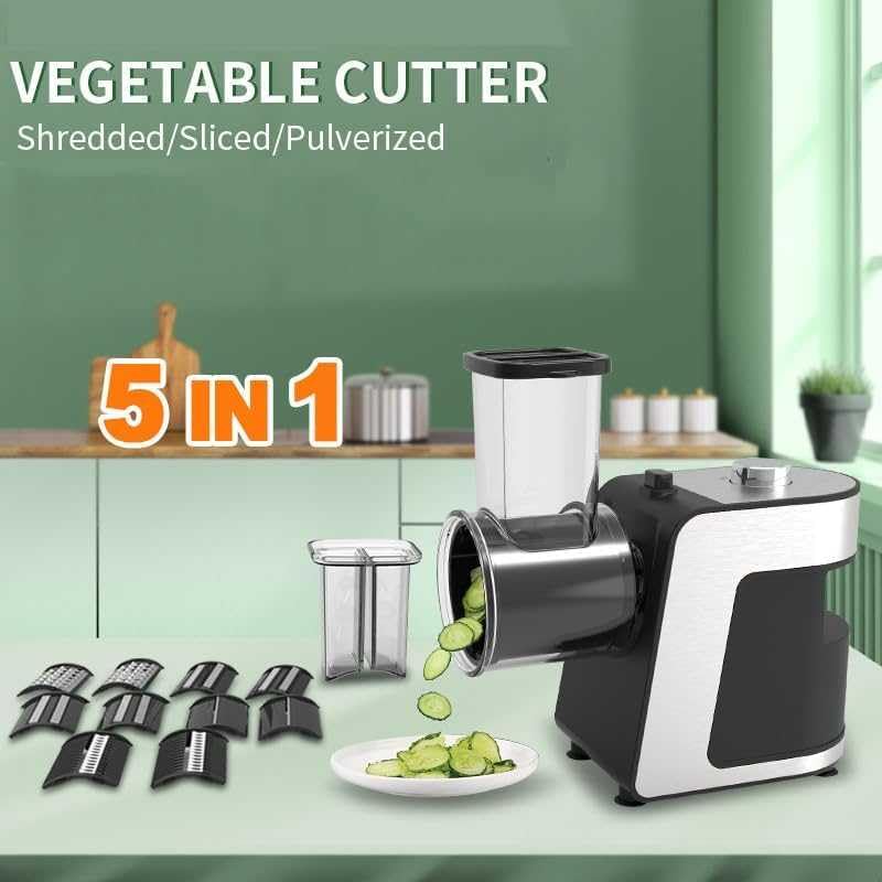 Râpe à fromage électrique 1000 W et coupe-légumes – Machine à salade multiple avec 5 cônes interchangeables pour fromage, concombre, carotte – Idéal pour déchiqueteuse de fruits et légumes