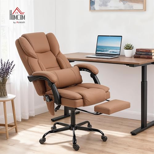 Image of HOMCOM Massage Office Chair with Foot Rest and 6 Points Vibration, Executive Office Desk Chair with Scratch-Resistant Faux Leather, Reclining Back, Comfy Lumbar Support, Remote, Brown