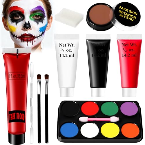 Schminke Karneval Set - Kunstblut Fasching Make Up Erwachsene Kinder, Narben Wunden Theaterschminke Vampir mit Blut+Face Paint(Schwarz, Weiß, Rot) + Narbenwachs+ Latexmilch+Palette mit 8 Farben