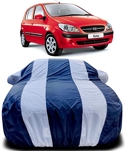 Image of PURPLEHEART Car Body Cover Compatible with Hyundai Getz Prime Mirror Pocket Triple Stitched Bottom Elastic Water Resistant UV Protection & Dustproof Car Cover-Blue & White