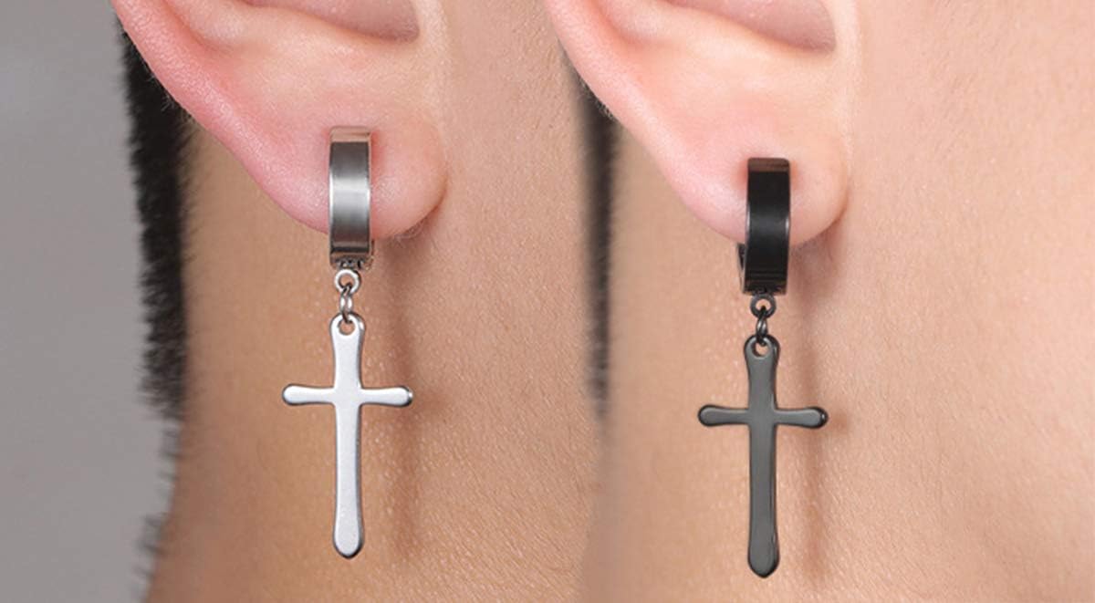 Non-pierced Earrings Set for Men Women Cross Titanium Steel Hoop Dangle Clip On Earring - Image 3