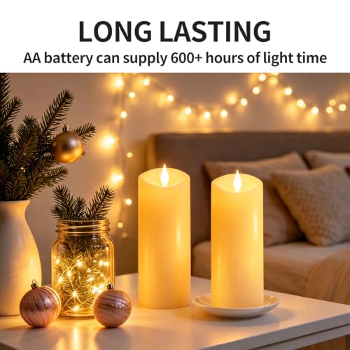 Image of Flameless LED Candles 3 inchx8 inch Set of 2, Battery Operated with Remote & Timer, 600-Hour on 2 AA Batteries, Flickering Realistic Flame, Ivory for Indoor /Outdoor