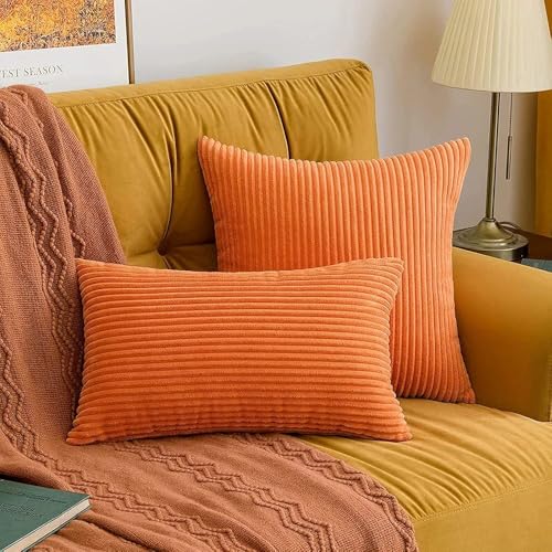 Image of Guffaw Corduroy Rectangular Cushion Covers, Size 12x18, Pack of 2, Multiple Colors (5, Orange)