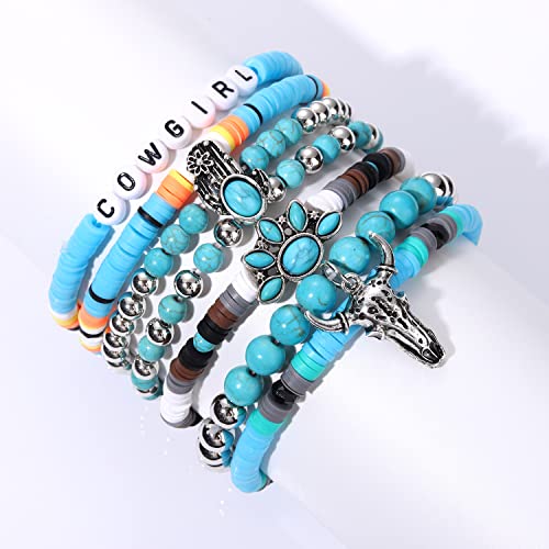 BVGA Western Cowgirl Turquoise Beaded Stretch Bracelets Preppy Heishi Bracelets Set Aztec Turquoise Bull Head Cow Cactus Flower Charm Bohemian Stackable Bracelets Y2K Summer Beach Layering Bracelets Jewelry for Women4