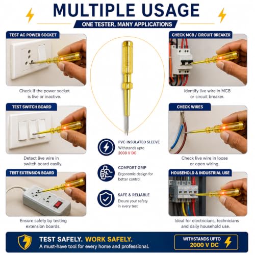 Image of Neon Voltage Tester Screwdriver | Electrical Line Tester with Neon Glow Indicator Withstands up to 2000V DC | Comfort Grip | Voltage Testing Tool for Home, Electricians & DIY Use