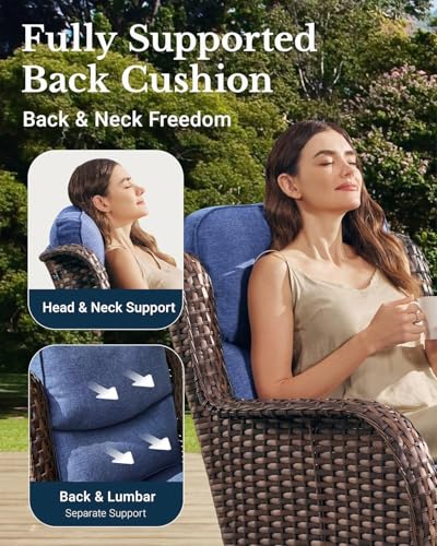 HILLGA Luxury Outdoor Swivel Rocker Patio Chairs of 2 with 6 Inch Thick Cushions and Side Table, Swivel Outdoor Chairs 3PCS High Back Wicker Patio Furniture Set for Porch, Balcony, Deck in Blue - Image 6