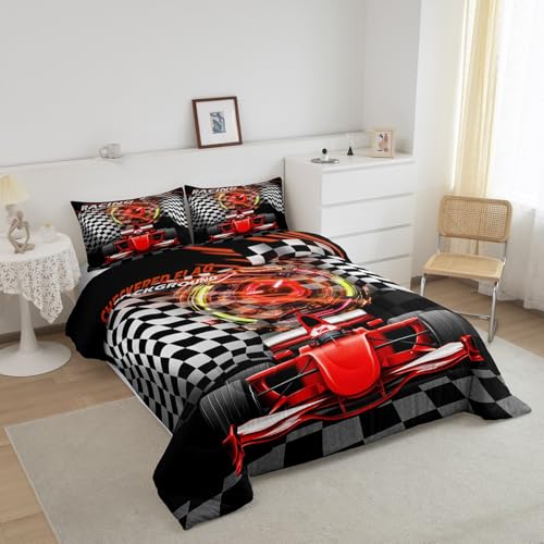 Image of Feelyou Kids Red Racing Car Comforter Set Queen Size, Extreme Sports Duvet Insert Karting Road Bedding Set Boys Girls Teens Bedroom Decor Bed Set 3Pcs