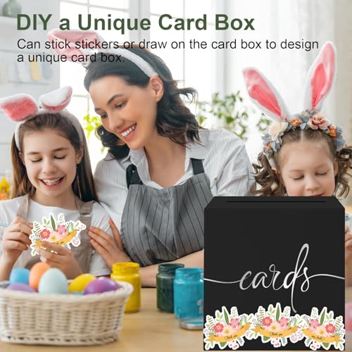 Image of Black Card Box with Silver Foil Design, Paperboard 8.7 inch Card Box for Birthday Wedding Party Graduation Retirement Anniversary Valentine's Day & Baby Showers Halloween, Raffle or Money Box