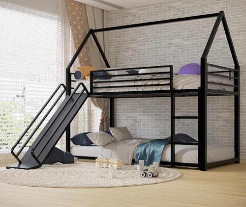 AEMSOFK Twin Over Twin Bunk Bed with Slide,House Shaped Bedframe w/Ladder, Heavy Duty Low Bunk Bed Frame with Guardrail,No Box Spring Needed & Easy Assemble(Black)