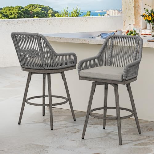 Image of Cozyman Outdoor Bar Stools Set of 2, 360 Swivel Aluminum Rattan Bar Stool with Olefin Rope Curved Backrest and Armrest, Modern BarStools with Removable Cushion for Patio, Garden, Kitchen, Grey