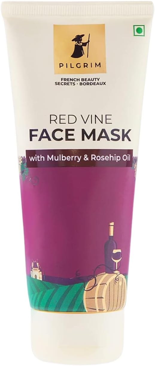 Pilgrim Anti Ageing Red Vine Face Pack & Mask Paste with Mulberry Extracts & Rosehip Oil for Glowing Skin, De-Tan, Dark Spots, Blackheads Removal, 100g