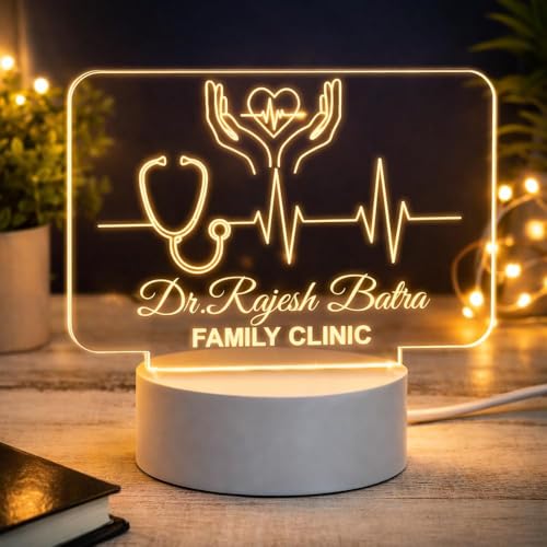 Image of Doctor Themed 3D Illusion LED Night Lamp - Personalized Medical Professional Name Lamp - Warm White USB Powered Acrylic Table Light - Gift for Doctors, Nurses, Healthcare Workers (Dr Lamp 6)