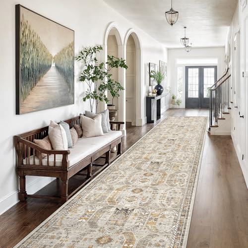 Madane Hallway Runner Rug 3x16 - Vintage Non Slip Washable 16ft Kitchen Runner for Entrance Soft Long Carpet Runners for Living Room Bathroom Low Pile Floor Mat for Bedroom Dining Room, Brown/Gold