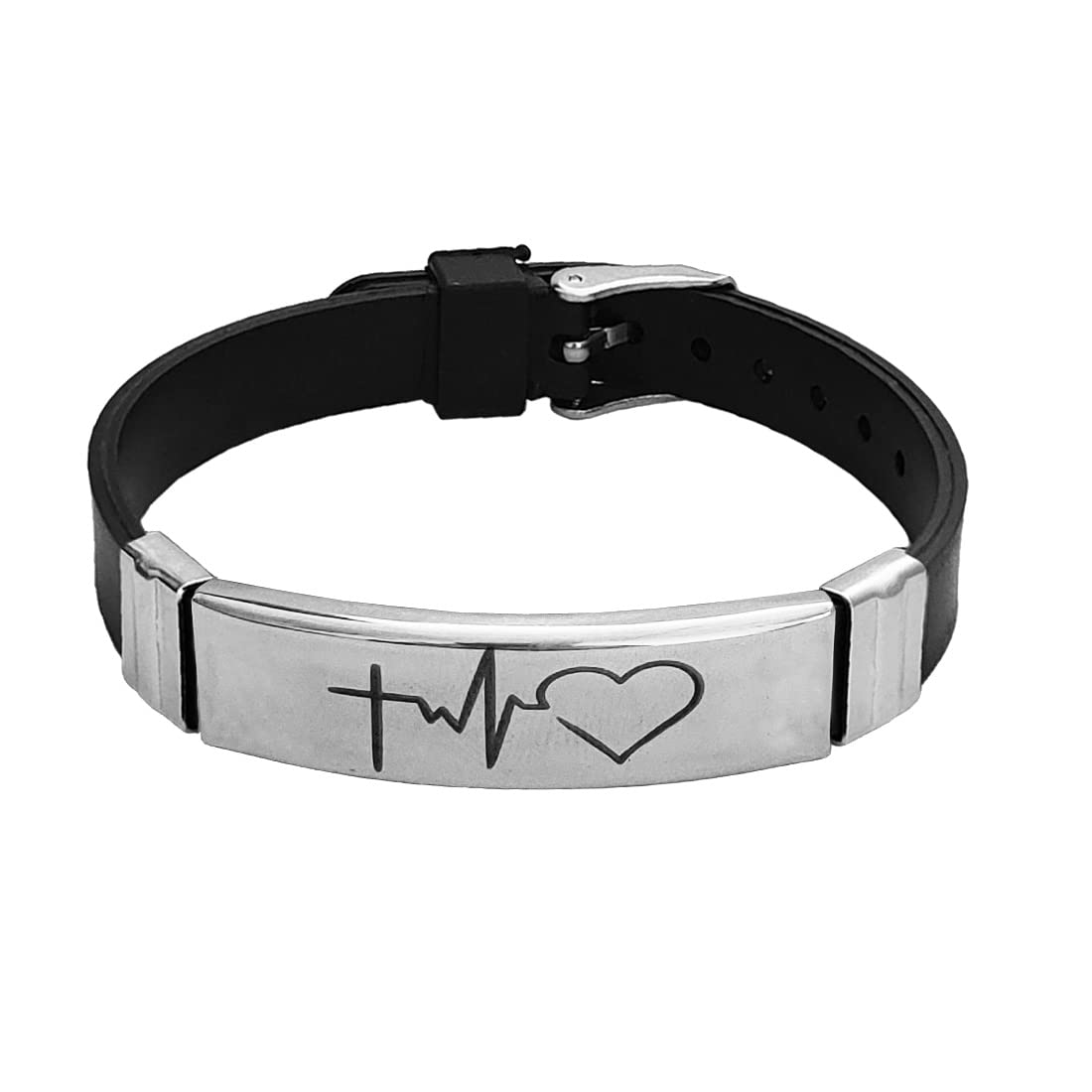 Jesus Cross Heart Beat Lifeline Printing Made of Stainless Steel and Black Silicon Strap Unisex Wristband for Girls, Boys & Adults-image-28