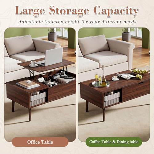 Image of OLIXIS Wood Lift Top Coffee Table with Hidden Compartment and Large Storage Shelf, Lift Tabletop Dining Center Table for Home Living Room Office, Dark Brown