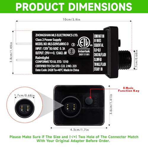 Image of Class 2 Power Supply 29V 3.6W LED Transformer Replacement with 8Modes and Memory Function IP44 Low Voltage Adapter for Christmas Tree String Light, Fairy Light, Net Light