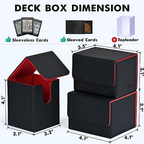 Image of ZLCA Card Deck Box for Trading Cards, MTG YuGiOh Deck Case Holds 100+ Single Sleeved Cards, PU Leather Magnetic Card Storage Box Fits for TCG CCG Magic Game Cards (Black& Red)