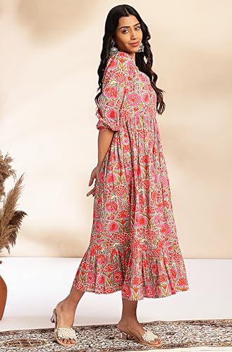 Image of Janasya Women's Cotton Floral Printed Flared Dress