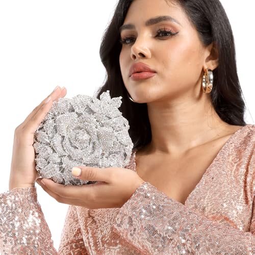 Image of Boutique De FGG Mini Round Flower Crystal Clutch Purses for Women,Formal Evening Bags,Rose Wedding Clutch Bag Party Handbags