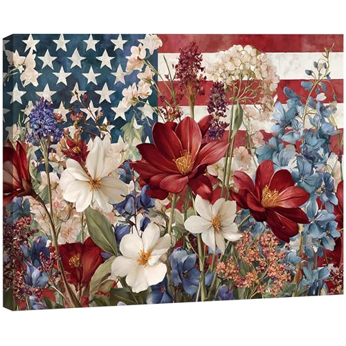 Image of Patriotic Floral American Flag Framed Canvas Wall Art, 4th of July Wildflower Pictures, Independence Day Canvas Prints for Living Room, Bedroom, Kitchen, Farmhouse, Home Wall Decor