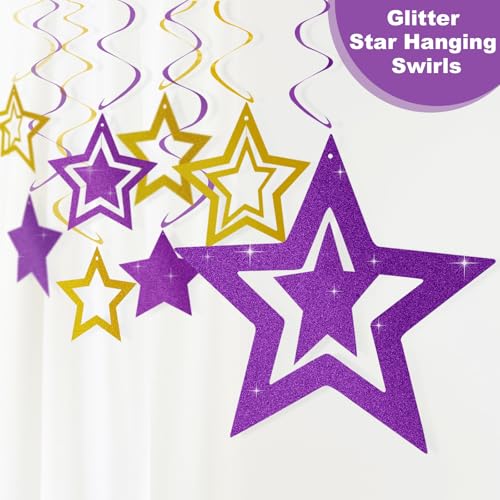 Image of Purple Gold Birthday Party Decorations Supplies Happy Birthday Banner Honeycomb Balls Fringe Curtain Foil Balloons Hanging Swirls Cake Topper Tablecloth Party Supplies for Women Girls