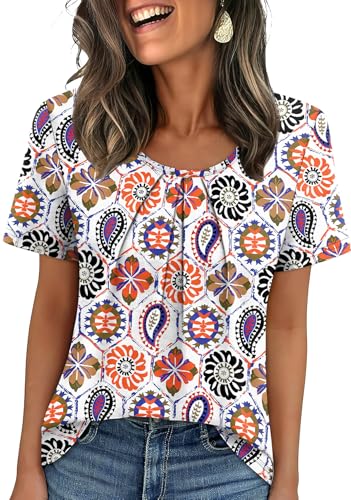 Image of WIHOLL Women T Shirts Pleated Short Sleeve Tops Business Casual Dressy Blouses