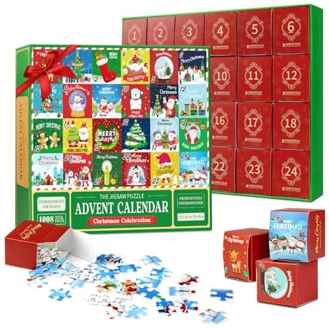 Advent Calendar 2024 Kids Jigsaw Puzzle, 1008-Piece 24 Boxes Christmas Countdown Advent Calendar Puzzle, 24 Cute Patterns, Christmas Gift & Stocking Stuffers for Kids, Teens, Boys, Girls, 27.6×19.7In Cover