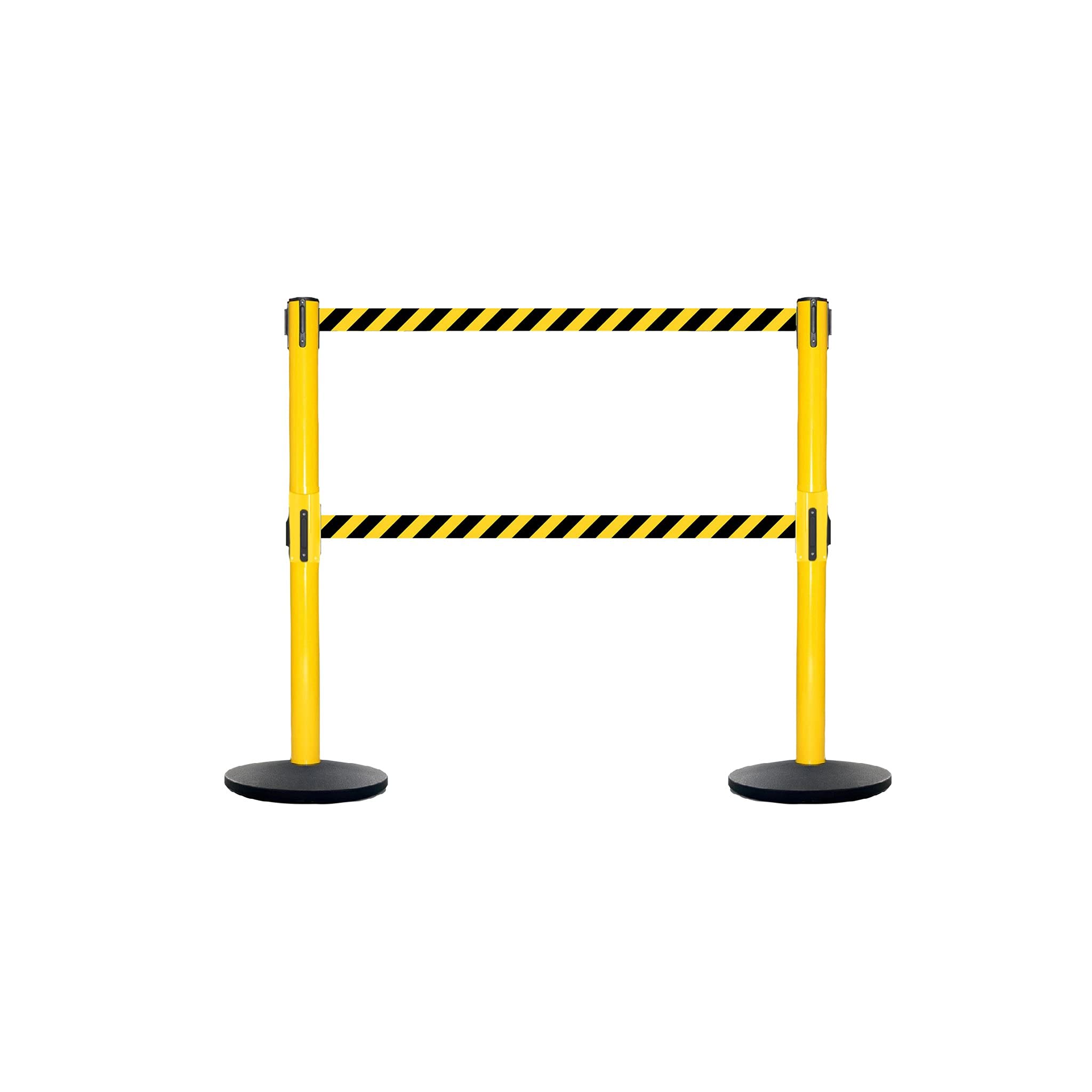 CCW Set of 2 Dual Retractable Belt Barrier Safety Stanchion, Cast Iron, Base Yellow Post, IRBB-100D (11 Foot Belt, Black with 