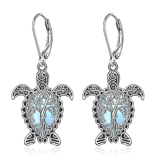 Sea Turtle Earrings Tree Of Life Moonstone Turtle Earrings for Women Sterling Silver Moonstone Leverback Dangle Jewelry Christmas Gifts